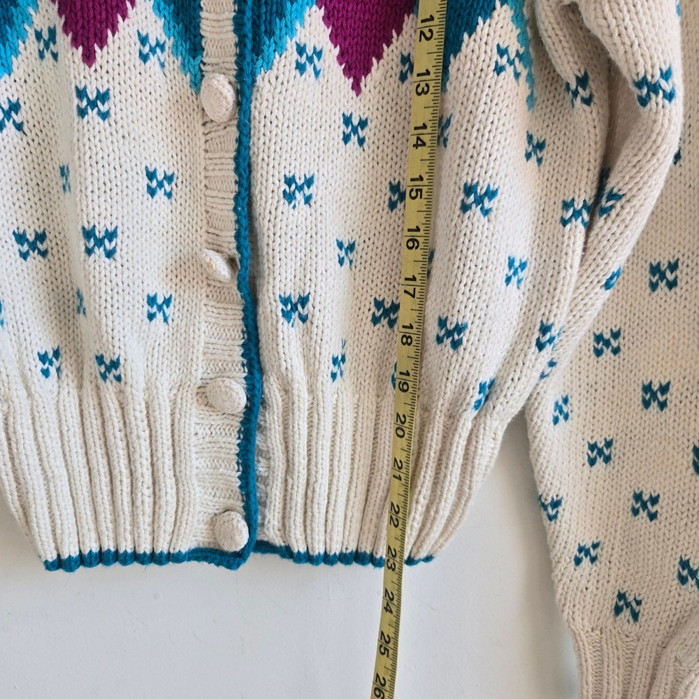 Michelle Stuart Medium Cardigan Womens White Argyle Excellent Hand Knit‎ Ramie - Picture 5 of 7